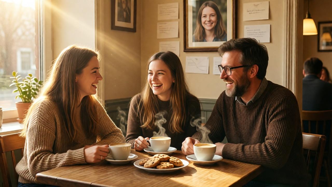 Imagen esperanzadora y cálida en un café iluminado por el sol. Emma, Lili y Karl están sentados en una mesa de madera riendo, frente a ellos hay tazas de café humeante y un plato de galletas caseras. Una foto enmarcada de Clara cuelga en la pared, rodeada de cartas de agradecimiento. El ambiente está lleno de calidez, comunidad y nuevos comienzos. Rayos dorados de luz atraviesan la ventana, la paleta de colores es amigable con tonos beige, marrón y dorado. La composición irradia calma y seguridad.