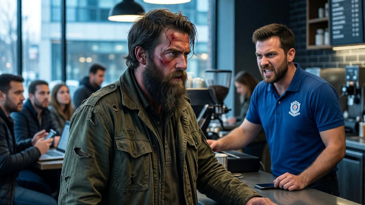 Toma interior dramática de un café moderno en la madrugada. En foco está un hombre con una chaqueta militar muy sucia y rota, con una larga barba descuidada, de pie en el mostrador. Detrás del mostrador, un gerente furioso con una camiseta polo azul con un logo. La luz es fría y dura, la atmósfera tensa. En el fondo desenfocado, los clientes que pagan levantan la vista de sus laptops y smartphones con expresiones mixtas. Estilo cinematográfico con alto contraste, colores: tonos marrones apagados, azul frío, un toque de ira roja en el rostro del gerente.