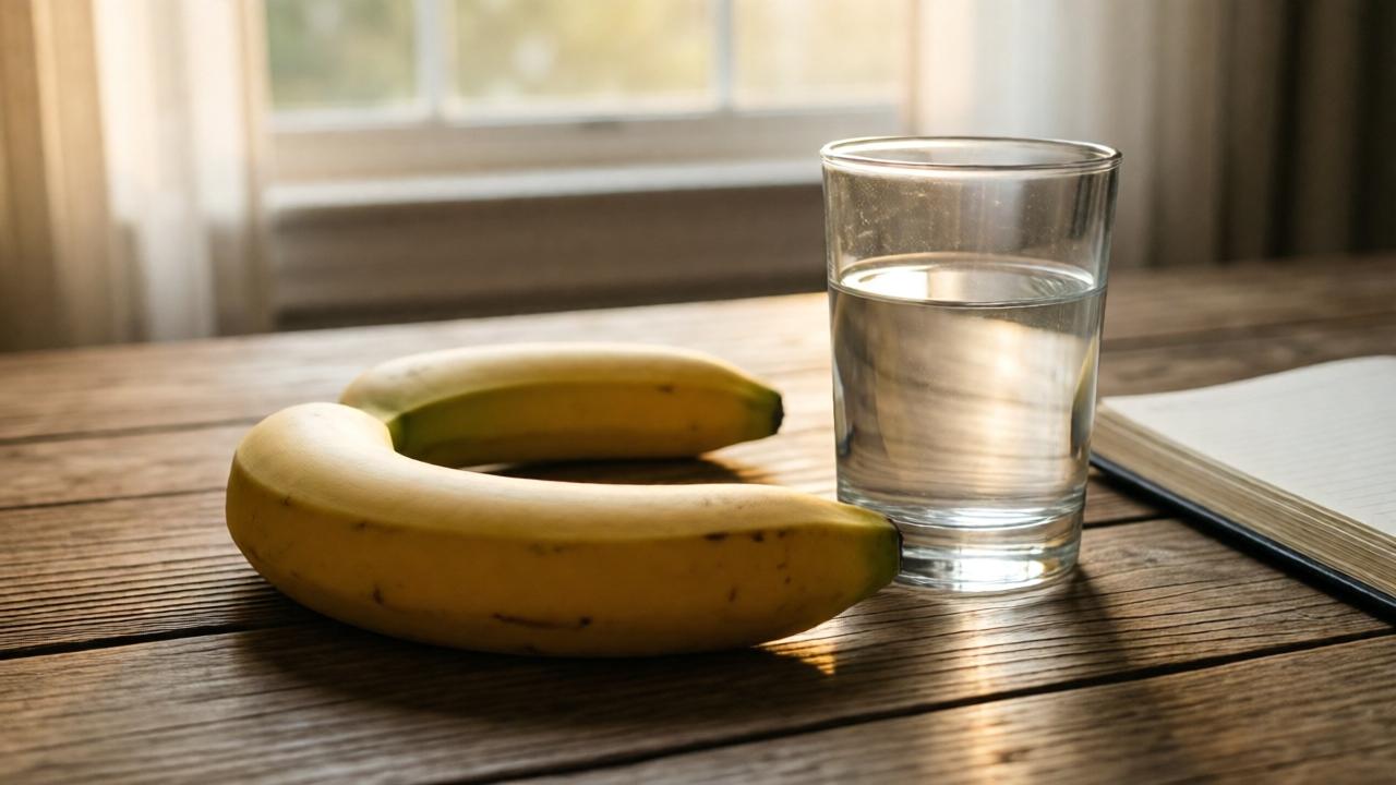 Un plátano maduro yace sobre una mesa de madera junto a un vaso de agua y un cuaderno, la suave luz de la mañana entra por una ventana, atmósfera cálida y reconfortante, estilo natural, primer plano