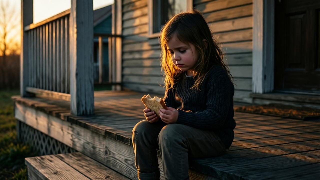 Fotografía dramática, crepúsculo. Una niña pequeña está sentada sola en el escalón de un porche de madera desgastado, sosteniendo un trozo de pan seco. Su rostro está triste, sus ojos están bajos. La cálida luz dorada del sol poniente proyecta largas sombras dramáticas y contrasta con la frialdad de la escena. El enfoque está en la niña y el pan, el fondo de la casa está borroso y amenazante. Estilo: realismo emocional con fuerte claroscuro.