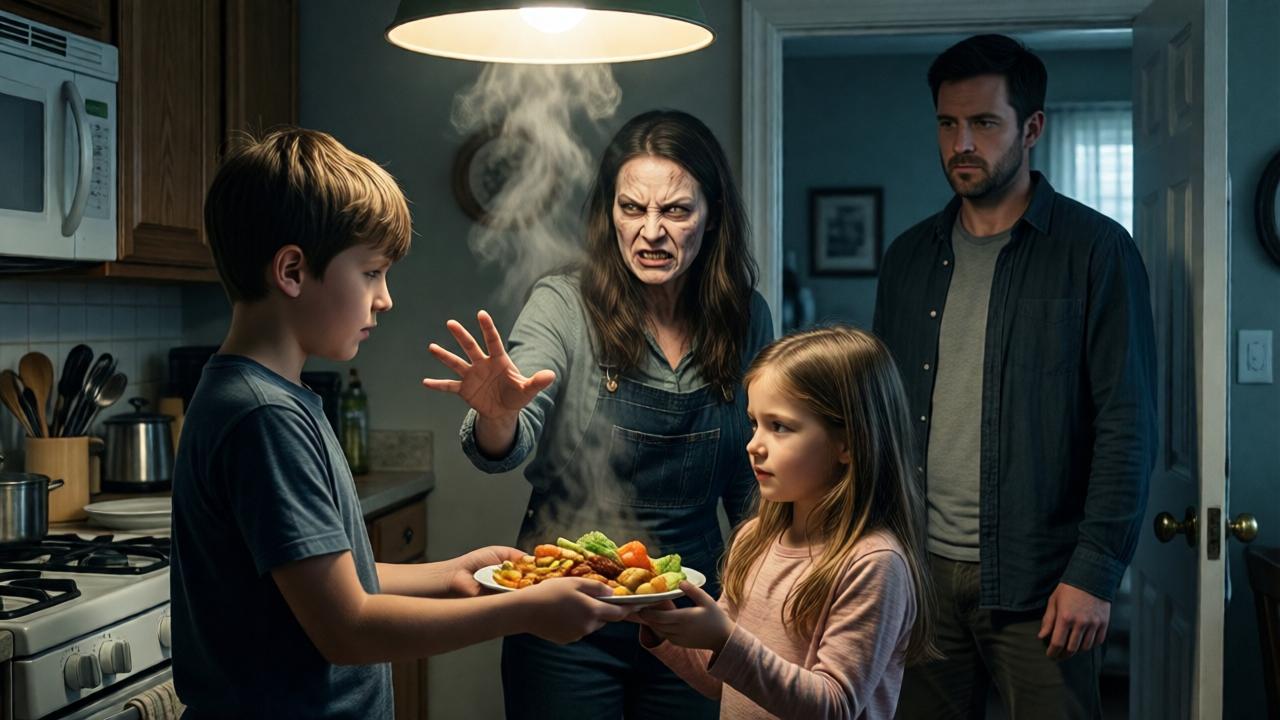 Interior dramático, cocina. Un niño está entregando a una niña un plato de comida humeante. En el fondo se encuentra una mujer con un rostro pétreo y enojado, su mano extendida como si fuera a intervenir. Un hombre (el padre) observa la escena con una expresión seria pero tranquila en la puerta. La luz cae dramáticamente desde la lámpara del techo, proyectando sombras duras y subrayando la atmósfera tensa. Paleta de colores: tonos apagados y fríos con un acento cálido en la comida. Estilo: cinematográfico, alto contraste.