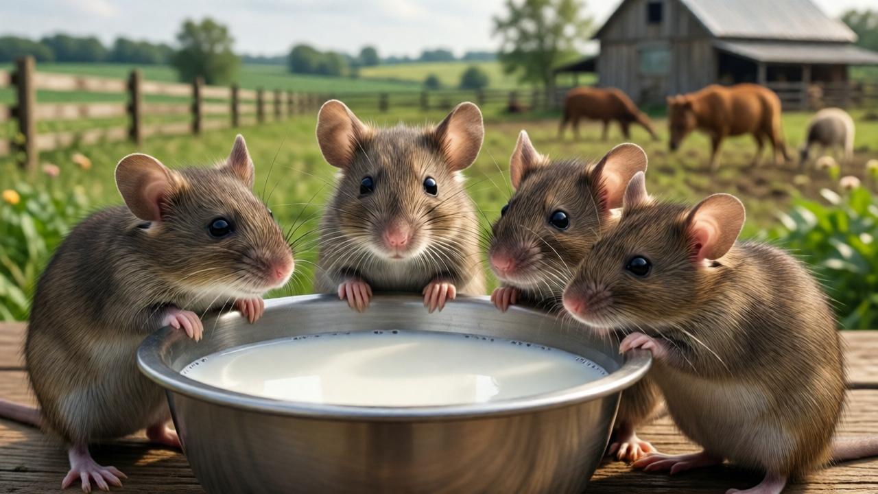 Vista frontal de ratas adorables alrededor de un cuenco de leche, con una granja al fondo