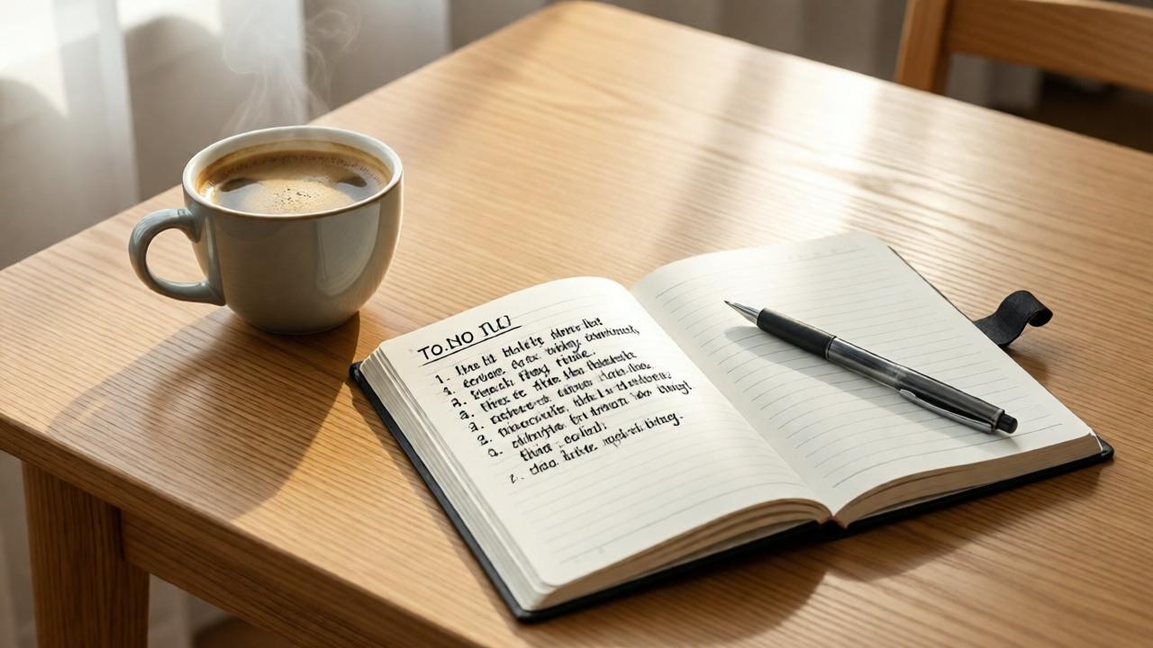 Un escritorio ordenado y bien iluminado por la mañana. Sobre la madera, hay una taza de café, un cuaderno abierto con una breve lista de tareas escritas a mano y un bolígrafo. La composición es tranquila y enfocada, con tonos cálidos y luz natural suave desde el lado. El estilo es limpio y realista, transmitiendo una sensación de control y enfoque claro para el día.