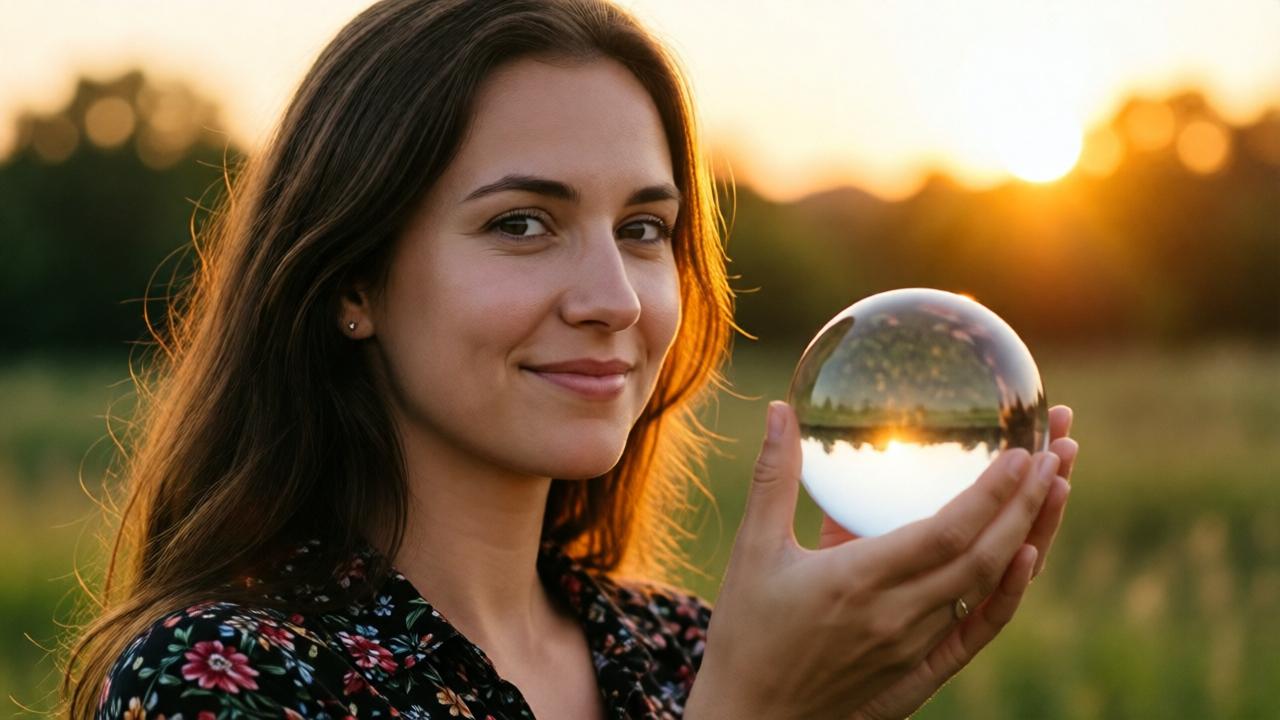 Imagen de una mujer europea sosteniendo una bola de cristal al atardecer