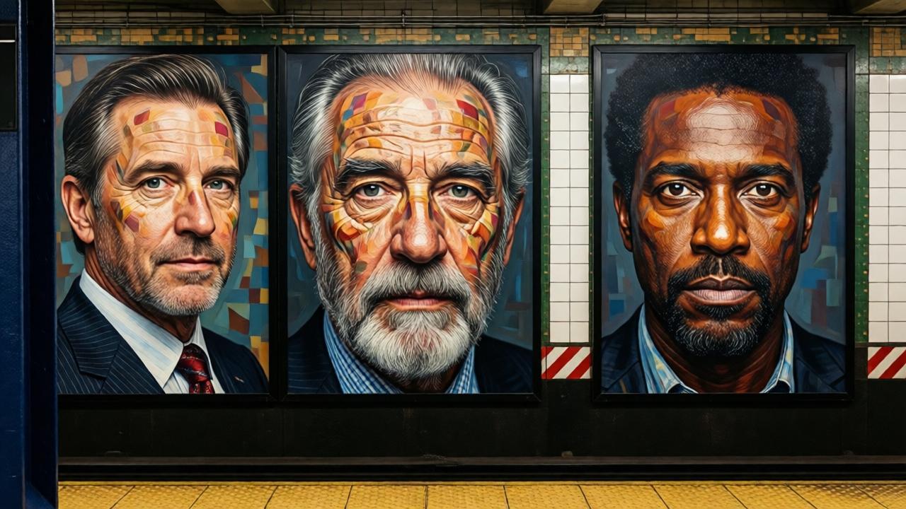 Fuente de la imagen: Metropolitan Transportation Authority of the State of New York, 86th Street, Chuck Close, Subway Portraits, CC BY 2.0, Wikimedia Commons. La imagen no debe contener texto, subtítulos o fuentes incrustadas.