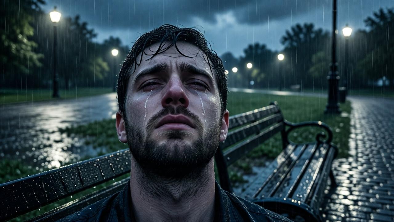 Primer plano dramático de un joven en un banco del parque mojado bajo la lluvia torrencial. Su rostro está levantado hacia el cielo oscuro cubierto de nubes, ojos cerrados, gotas de agua mezclándose con lágrimas en sus mejillas. La iluminación es tenue y de alto contraste, con reflejos de luz dispersos de las farolas en los adoquines mojados. El ambiente es desesperanzado y solitario, la paleta de colores consiste en tonos fríos de azul y gris. Composición: El hombre está colocado en el centro, el banco vacío y el parque empapado de lluvia detrás de él realzan la sensación de aislamiento.