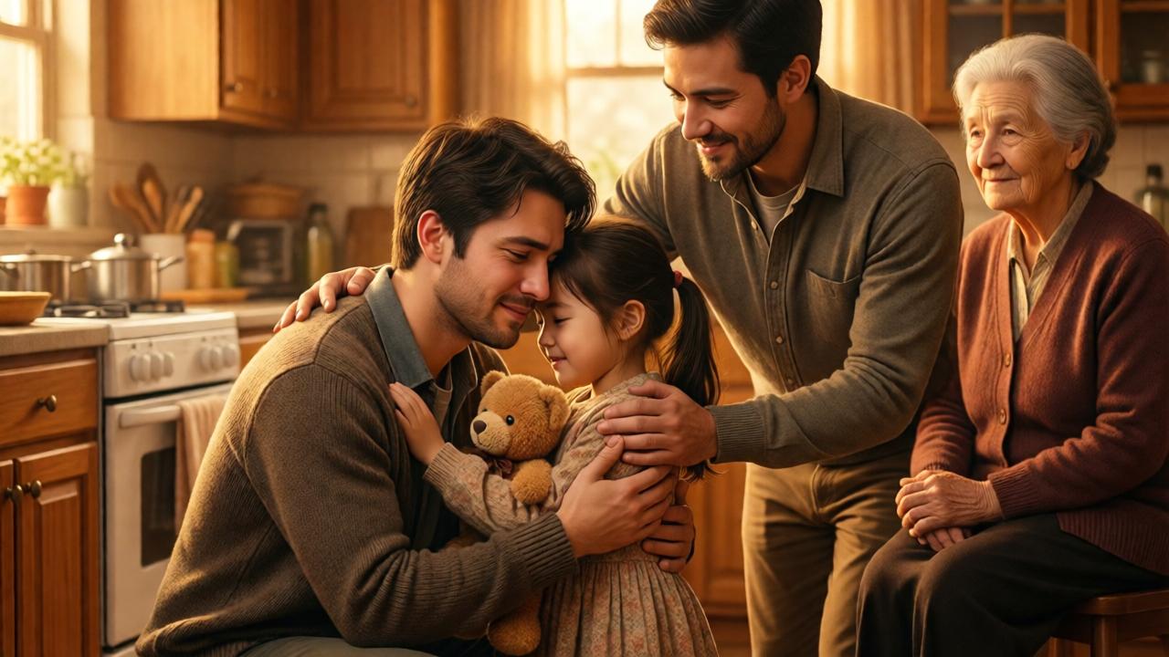 Clímax emocional en una cálida cocina comunitaria. Un joven está agachado y abrazando suavemente a una niña que sostiene su oso de peluche. Su rostro muestra alivio y gratitud a través de una expresión suave y tranquila. Un antiguo mentor está cerca, descansando una mano tranquilizadora en el hombro del joven, ofreciendo una sonrisa de apoyo. Una mujer mayor observa el momento desde el fondo, con las manos juntas, su rostro reflejando paz y cierre. La escena está bañada en tonos cálidos de dorado y naranja, con una luz suave y difusa creando una atmósfera de sanación y culminación. Composición triangular centrada en el abrazo.