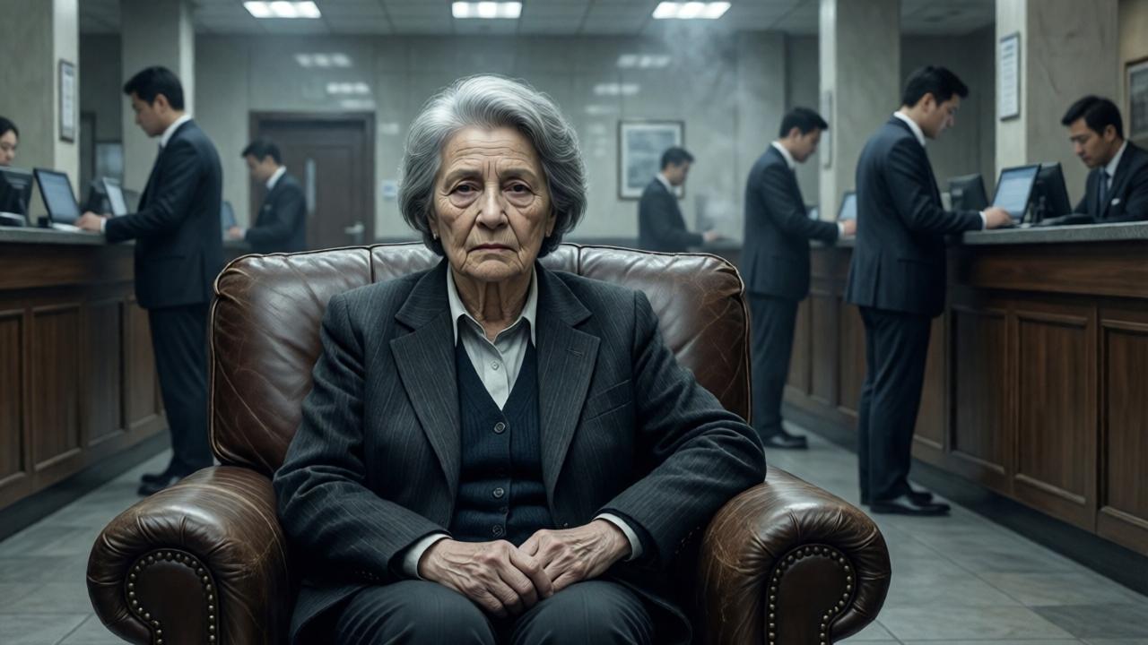 Plano medio del vestíbulo del banco, donde una mujer mayor con una expresión cansada pero compuesta se sienta sola en una silla de cuero, rodeada de empleados susurrantes en el fondo. La atmósfera es opresiva, la paleta de colores consiste en tonos fríos de gris y beige al estilo de una pintura oscura.