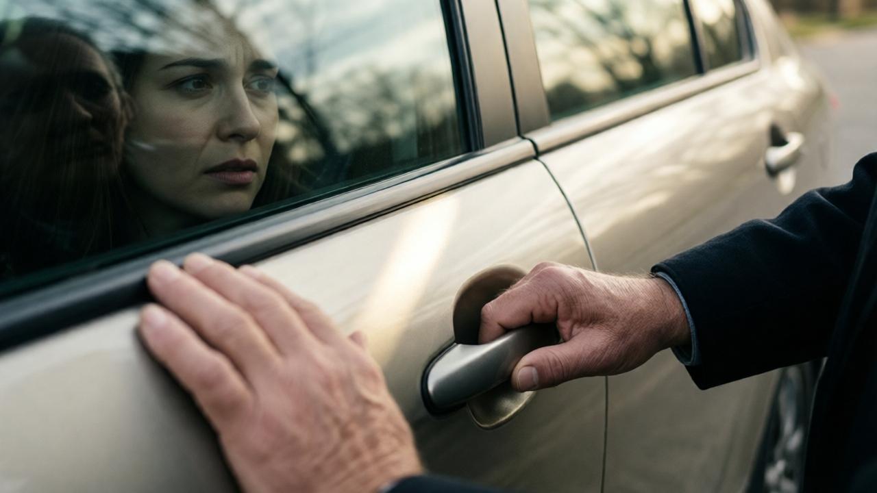 Primer plano de las manos de Jessica agarrando vacilantemente la manija de la puerta del coche. Su rostro se refleja en la ventana lateral, reflejado en el vidrio, con una expresión de conflicto interno. La mano del anciano está borrosa en primer plano. Ambiente: momento de decisión. Estilo: fotografía artística con enfoque suave y reflejos. Paleta de colores: tonos apagados de beige y gris con un rayo de luz cayendo sobre la manija de la puerta.
