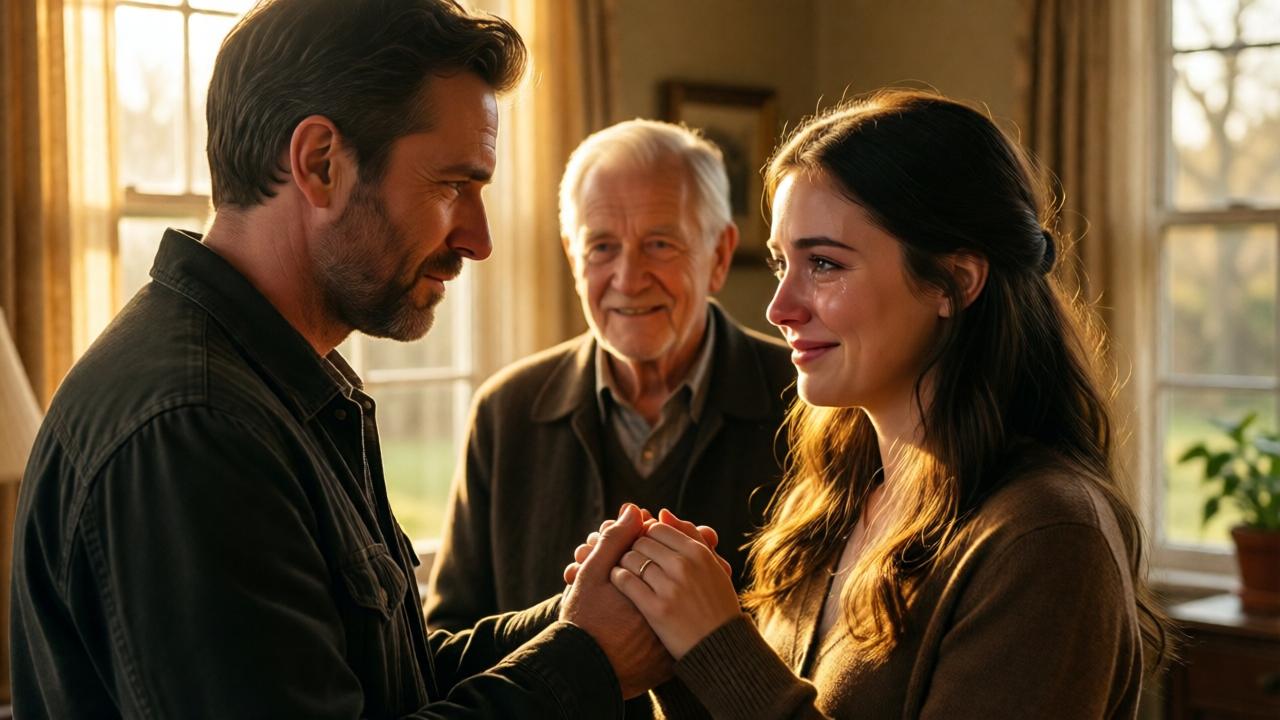 Culminación emocional: el Sr. Thorne se encuentra frente a Jessica, su expresión cambia de fría a profunda gratitud y calma. Extiende su mano hacia ella. Jessica sonríe tímidamente, lágrimas brillando en sus ojos. El anciano en el fondo sonríe. La cálida luz dorada del sol de la tarde inunda la habitación, envolviendo al grupo. Estilo: conmovedor y lleno de esperanza, primeros planos de rostros y manos. Colores: tonos cálidos y dorados dominan la imagen.