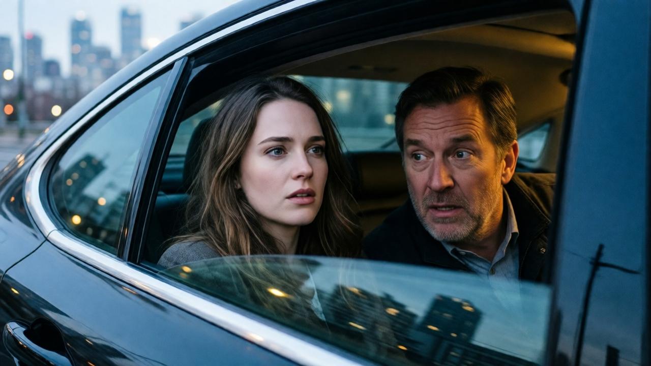 Primer plano dramático de Jessica en el asiento trasero de un coche Uber moderno, la ventana está bajada. Un hombre mayor con una expresión frenética y desesperada se inclina hacia la ventana. Su abrigo está ligeramente desaliñado. En el fondo, un paisaje urbano borroso en las primeras horas de la mañana. Estilo: fotografía realista con alto contraste, enfoque en expresiones emocionales. Colores: tonos fríos de azul y gris, acentuados por la cálida luz interior del coche.