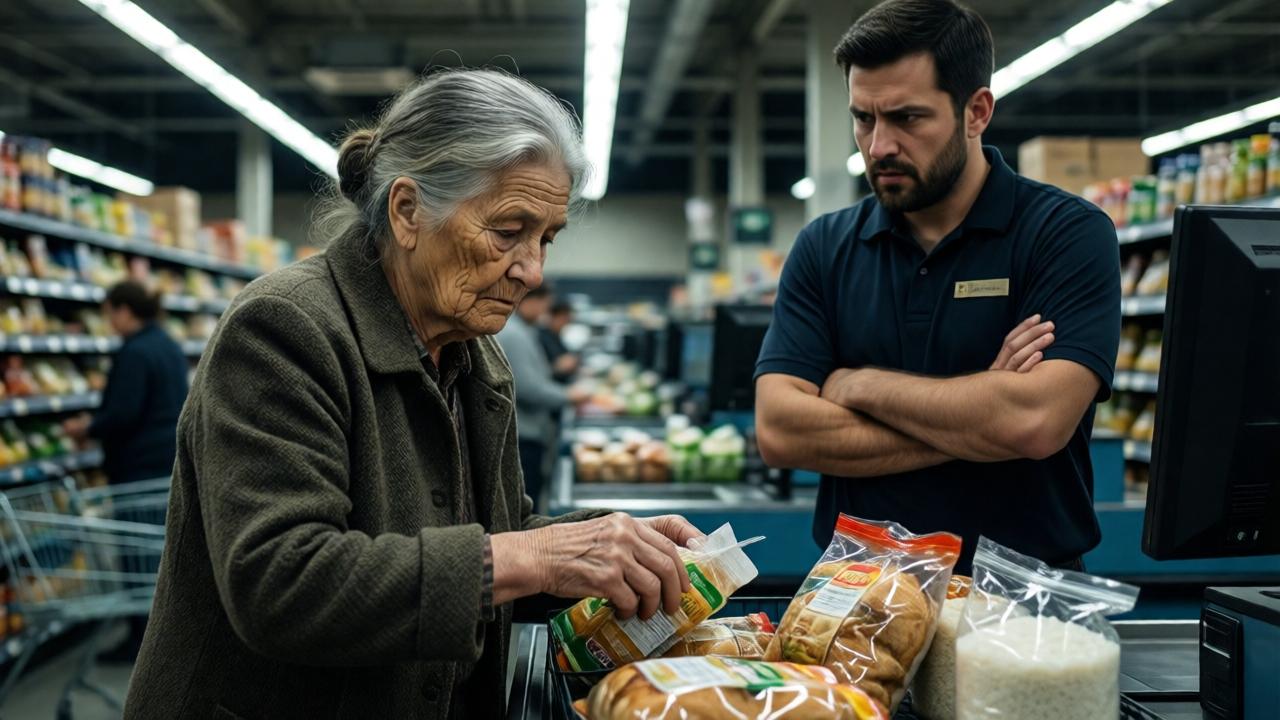 Una mujer mayor con las manos ligeramente temblorosas está bajo las brillantes luces del supermercado en una caja de autoservicio, escaneando lentamente productos básicos como pan y arroz, mientras un empleado severo con los brazos cruzados la acusa – la escena está capturada en un estilo realista y oscuro con una atmósfera tensa y sombras agudas que enfatizan la humillación y aislamiento de la mujer.