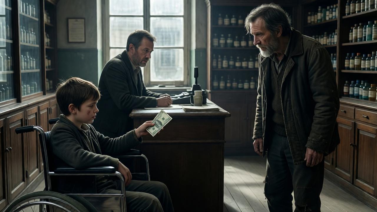 Dramatic interior shot of an old pharmacy in dim daylight. In the foreground, a boy in a wheelchair, with trembling hand, hands a crumpled banknote to a skeptical-looking cashier. Next to him stands a gaunt man in worn clothing, observing the scene. Light falls dramatically through a dirty window, shadows drawing lines on the wooden floor. Cinematic style with high contrast, muted colors, and emotional tension.