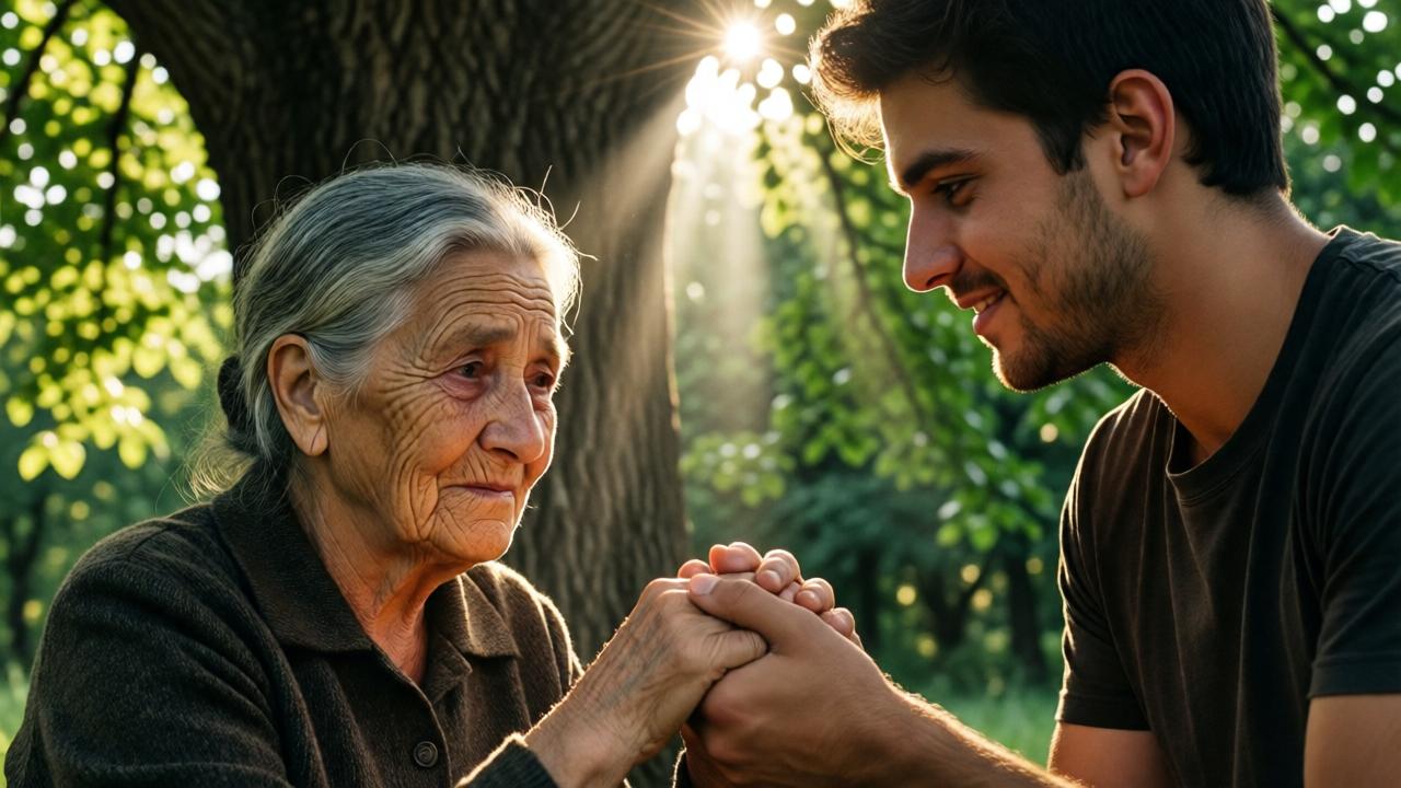 Toma emocional de dos personas bajo el dosel frondoso del viejo árbol. La anciana con un rostro amable marcado por mil historias sostiene la mano del joven. Un rayo de sol atraviesa las hojas e ilumina sus manos unidas. Su expresión es una mezcla de profunda tristeza y tierna sonrisa. Estilo: realismo emocional con luz cálida y dorada. Colores: tonos terrosos, el verde de las hojas, el contraste entre su piel arrugada y la joven. La composición es íntima y empática.