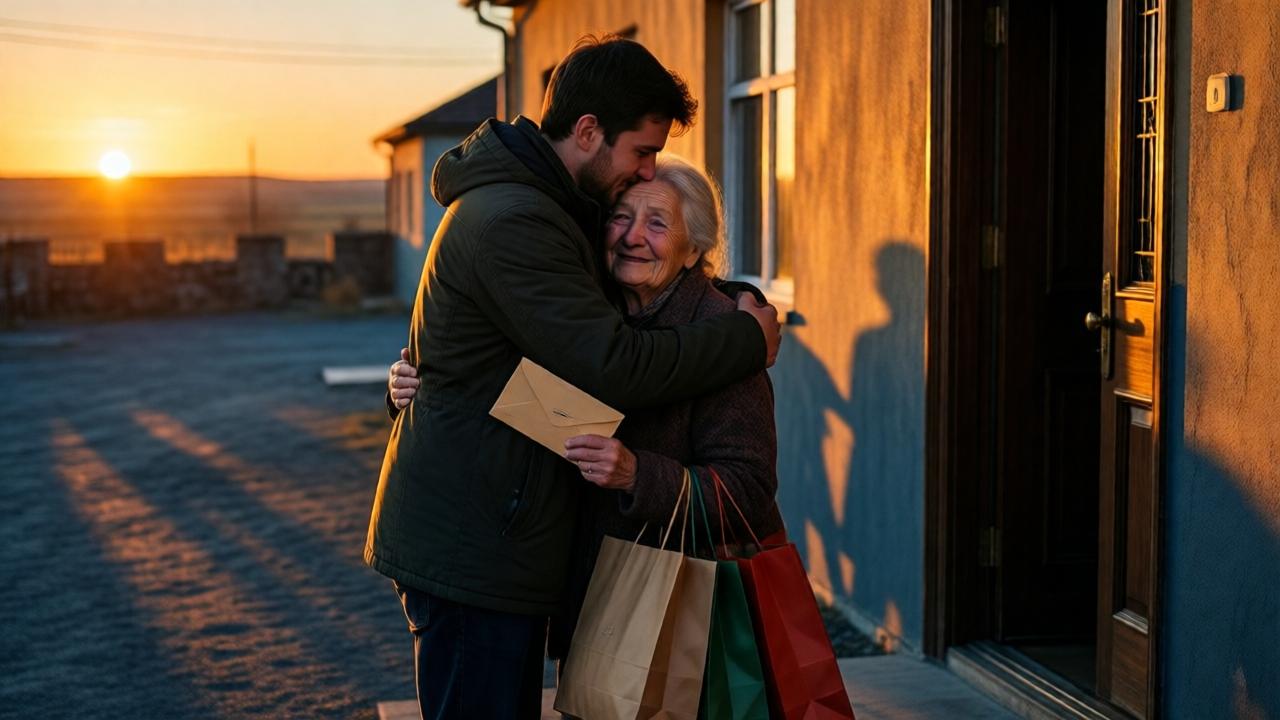Momento dramático de despedida al atardecer. El joven abraza a la anciana que llora pero sonríe feliz frente a su puerta. En su mano, sostiene el sobre, a sus pies están las bolsas de compras llenas. Las largas sombras del sol de la tarde se extienden por el patio, la luz es cálida y dorada. Estilo: cinematográfico, cargado de emoción. Colores: naranja profundo, dorado y largas sombras azules. La composición habla de despedida, conexión y la esperanza de un reencuentro, ambientada en el vasto y solitario paisaje.