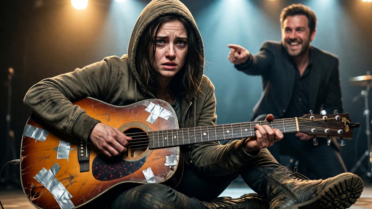 Primer plano dramático de una joven, Lena, en un escenario brillantemente iluminado. Lleva una sudadera con capucha manchada y botas embarradas, su rostro pálido y marcado por el miedo. Se aferra a una guitarra Western completamente destrozada, con cinta plateada, como un salvavidas. En el fondo, se puede ver al presentador borroso y sonriente, señalándola con un dedo extendido. La luz es dura y contrastante, el ambiente es opresivo y humillante. Estilo cinematográfico, sombras profundas, luces cálidas del escenario contra tonos fríos azules en el fondo.