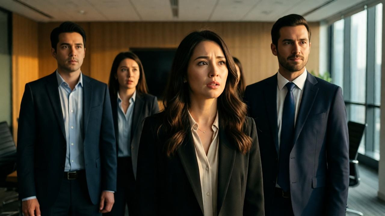 Escena dramática en una sala de conferencias moderna. Varias personas están de pie en la sala. Una mujer en primer plano parece sorprendida y aliviada. Dos personas más en el fondo parecen asombradas. Una persona con traje está tranquilamente a su lado. La luz cálida cae sobre la mujer en primer plano, mientras que los demás están en sombra. Estilo cinematográfico, fuertes contrastes, expresiones faciales emocionales, detalles realistas.