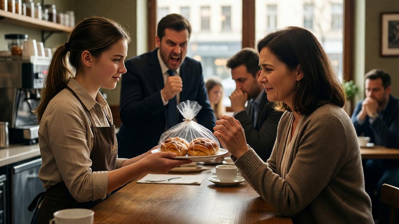 Una joven barista llamada Emma entrega un plato de pasteles cuidadosamente envueltos a una mujer modestamente vestida con manos temblorosas sobre el mostrador de un café cálido y bien iluminado, mientras un gerente enojado grita en el fondo y otros invitados se sientan en un silencio atónito – en el estilo del fotorealismo emocional con luz suave y natural de ventana y una composición central que captura la bondad y el conflicto.