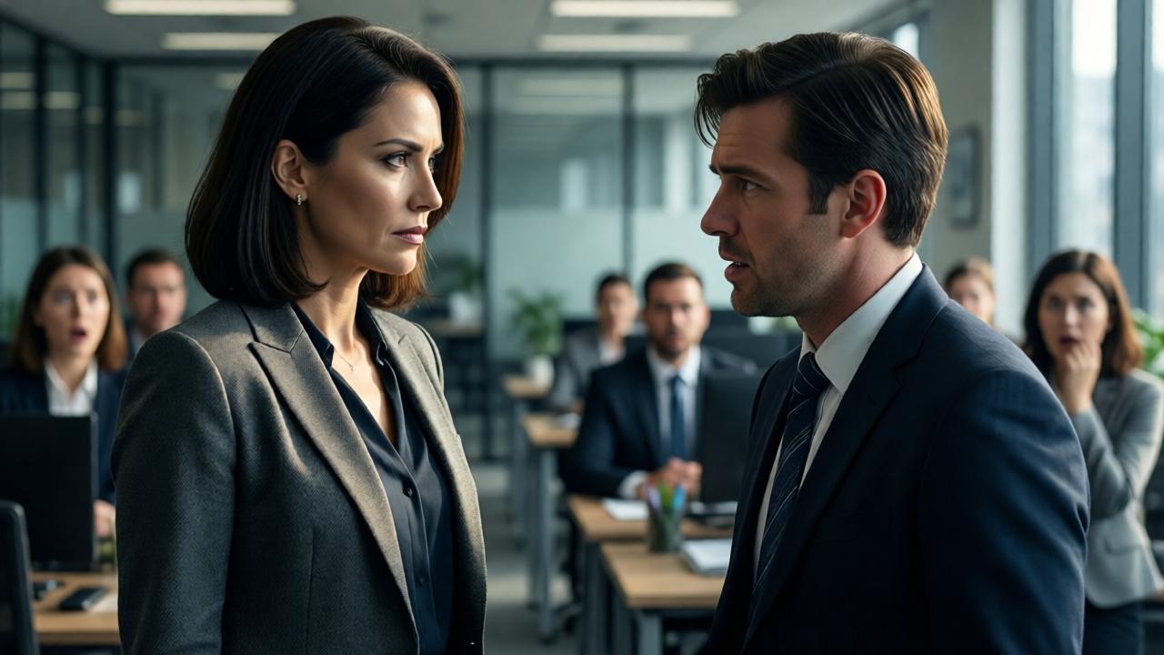 Momento dramático de confrontación. La gerente, una mujer resuelta en un elegante traje de negocios, se enfrenta con una mirada de hierro ante un joven gerente nervioso en un área de oficina abierta. Su expresión es fría como el acero, su postura erguida y autoritaria. El gerente parece pequeño e intimidado, retorciéndose. En el fondo, desenfocadas, se pueden ver caras sorprendidas de otros empleados. La luz es dramática, cayendo desde un lado y creando fuertes contrastes entre luz y sombra, simbolizando el abismo moral. Estilo: cinematográfico, alta tensión emocional, enfoque en expresiones faciales.