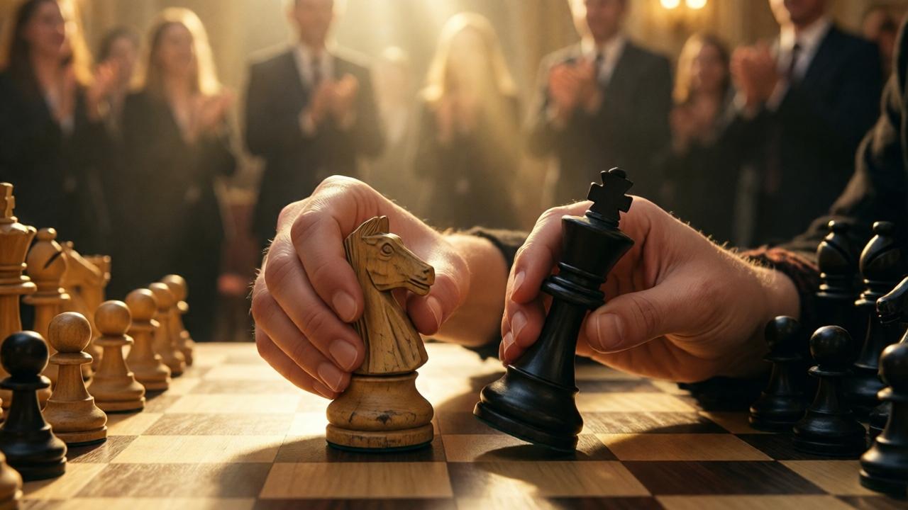 Primer plano emocional, cálidamente iluminado, de las manos de Lena en el tablero de ajedrez después de la victoria. Una mano sostiene suavemente el pequeño y desgastado caballo blanco de madera. La otra mano toca suavemente el rey negro caído. En el fondo, desenfocado, se puede ver al salón de pie aplaudiendo. La luz es dorada y suave, como un rayo de sol aislándola. La atmósfera es abrumadora, triunfante y profundamente triste al mismo tiempo. El enfoque está en el toque, la conexión entre el pasado y el presente.