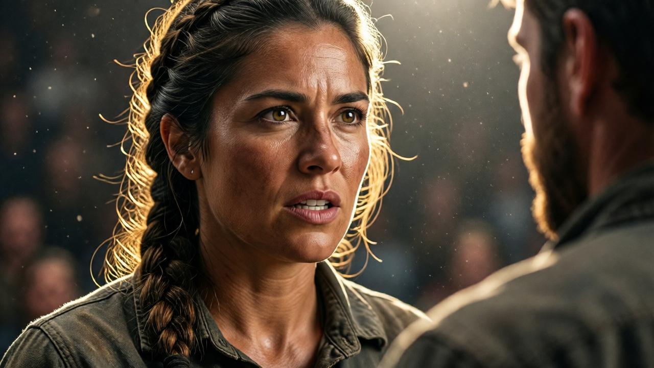 Retrato en primer plano de Katharina Mendoza hablando con feroz y calmada determinación. Su rostro está curtido pero fuerte, su cabello en una trenza práctica, ojos fijos en un oponente fuera de cámara. Está iluminada por las luces de la arena, destacando las motas de polvo en el aire y la textura áspera de su ropa de trabajo. El ambiente es de resolución inquebrantable, con una profundidad de campo reducida que difumina el lujoso fondo. Estilo fotorrealista con iluminación dramática.