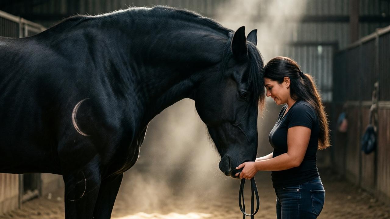 El momento emocional de reconocimiento entre caballo y mujer. El enorme semental negro, Vulkan, se ha calmado completamente, su cabeza bajada suavemente en las manos de Katharina Mendoza, quien está con su frente tocando la de él. La escena está en el área sombreada del establo, un rayo de luz iluminando el polvo y la conexión entre ellos. Los poderosos músculos del caballo están relajados, y la cicatriz en forma de media luna en su pata trasera es claramente visible. El ambiente es tierno, triunfante y profundamente emocional.