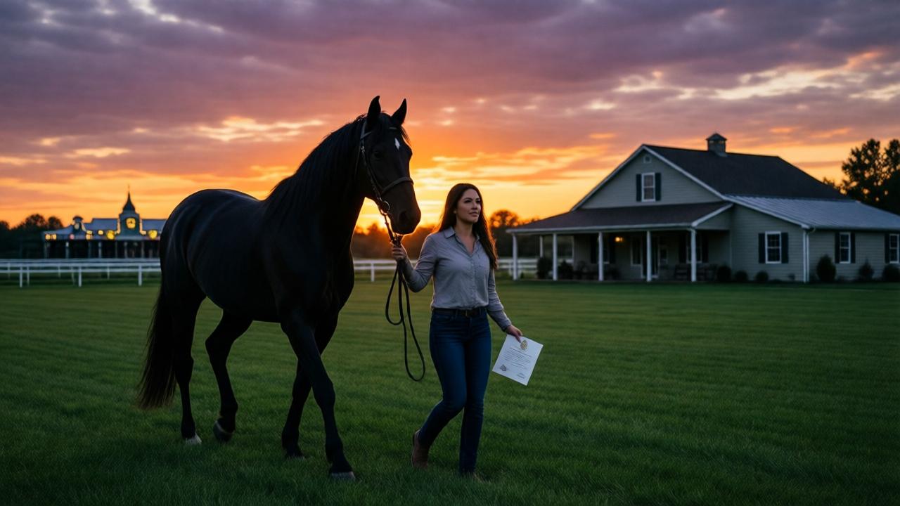 Una escena final esperanzadora y amplia al atardecer. Katharina Mendoza, ahora con ropa limpia, lleva al majestuoso semental negro Vulkan a través de un campo verde hacia una modesta casa de rancho, la escritura en su mano. El club del Derby de Kentucky es una silueta distante y brillante detrás de ellos. El cielo está pintado en naranjas y púrpuras, simbolizando un nuevo comienzo. La composición lleva la vista de la oscuridad del pasado a la luz de su nuevo futuro. Estilo cinematográfico y edificante.