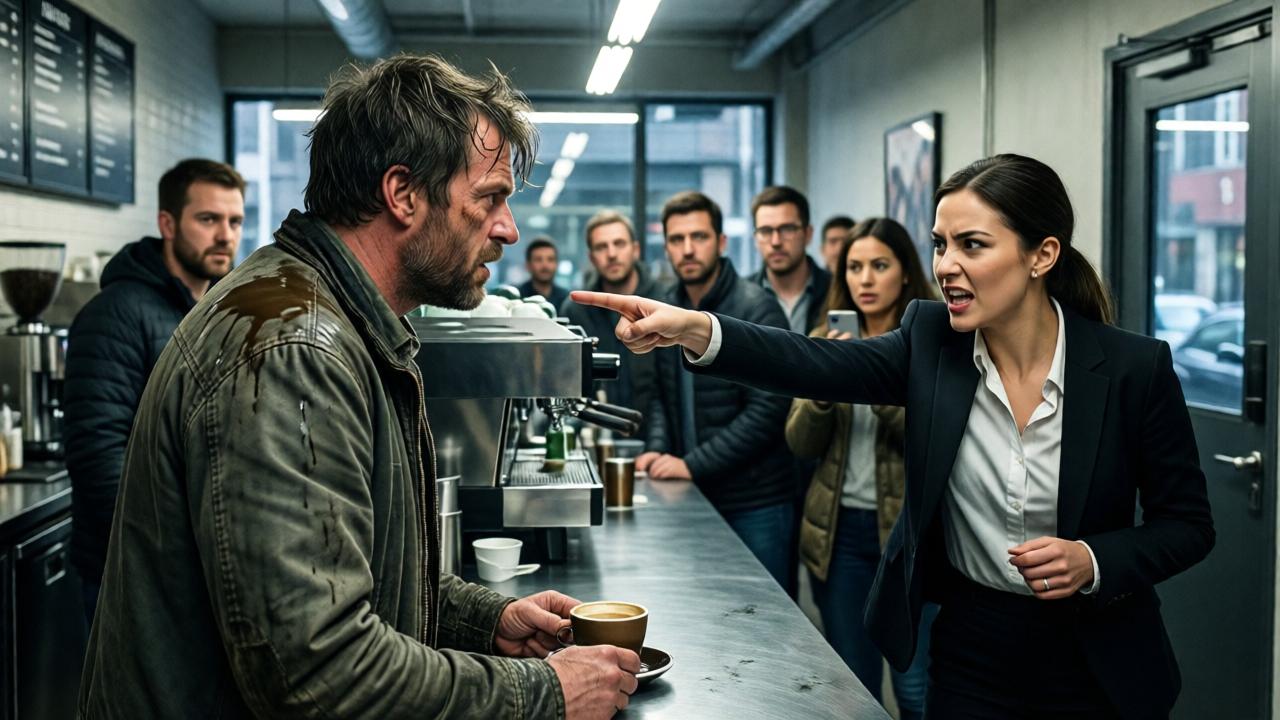 Una escena dramática y cinematográfica dentro de una cafetería moderna. Un hombre desaliñado con una chaqueta gastada y mojada está de pie en el mostrador, con café goteando de su hombro. Una gerente furiosa y bien vestida señala agresivamente hacia la puerta. En el fondo, los clientes observan con expresiones mixtas de sorpresa, diversión e indiferencia, algunos sosteniendo teléfonos inteligentes. La iluminación es fluorescente y dura, proyectando sombras marcadas, con un ambiente de tensa confrontación. Estilo: fotorrealista, alto contraste.