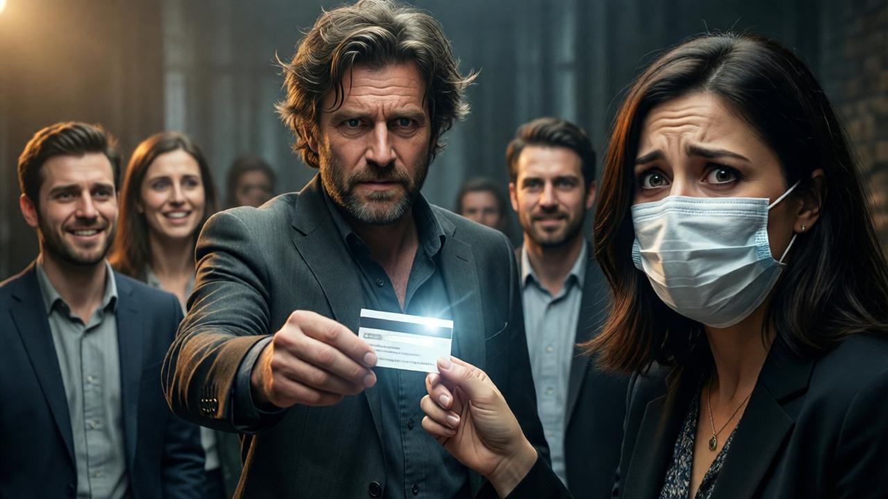 Un momento poderoso de revelación. El hombre desaliñado se yergue, sosteniendo una tarjeta de presentación blanca. La gerente está en primer plano, su mano temblando mientras la toma, su rostro una máscara de sorpresa, miedo y horror naciente. Los clientes que antes sonreían ahora parecen atónitos y aprensivos. La iluminación cambia a dramática, con un efecto de foco en la tarjeta de presentación y los ojos decididos del hombre. Estilo: realismo dramático, capturando el instante de inversión de poder.