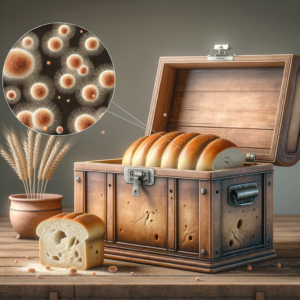 Nahaufnahme von Schimmelsporen auf Brot, das in einem Holzbrotkasten gelagert wird.