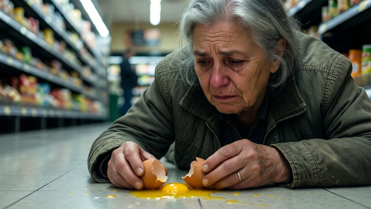 Una escena conmovedora en un pasillo de supermercado. Una anciana con cabello plateado y una chaqueta desgastada mira con desesperación un huevo roto a sus pies, su yema salpicada en el suelo pulido. La iluminación fluorescente desde arriba crea sombras duras en su rostro, resaltando sus lágrimas y profundas líneas de preocupación. El fondo está suavemente desenfocado, enfocándose en sus manos temblorosas y el fuerte contraste entre la vibrante yema amarilla y el estéril suelo blanco. Estilo cinematográfico, emocional, fotorrealista.