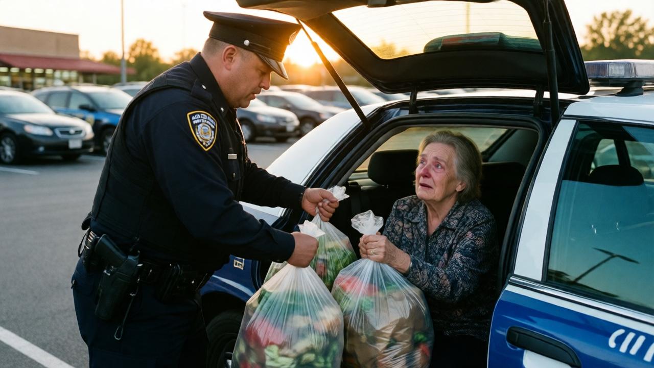Un momento poderoso en el estacionamiento de un supermercado al anochecer. Un oficial de policía en uniforme está colocando dos bolsas llenas y pesadas de comestibles en el asiento trasero de su patrulla, donde una anciana se sienta mirándolo con ojos llorosos e incrédulos. La cálida luz dorada del atardecer crea un efecto de halo alrededor de ellos, contrastando con el frío azul del coche de policía. La escena se captura desde una distancia media, enfatizando la humanidad y conexión entre las dos figuras. El estilo es fotoperiodístico, espontáneo y emocionalmente resonante.