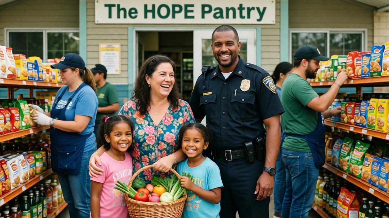 Una escena comunitaria conmovedora semanas después. María, sus dos nietos sonrientes y el Oficial Carter están juntos afuera de un centro comunitario renovado llamado 'La Despensa de la Esperanza'. Están rodeados de voluntarios llenando estantes con comida. El ambiente es alegre y esperanzador, con luz diurna brillante y colores vibrantes. María sostiene una canasta de productos frescos, riendo. La composición muestra una realidad transformada desde la desesperación inicial, simbolizando sanación y apoyo. El estilo es fotografía documental brillante con un tono cálido y alentador.