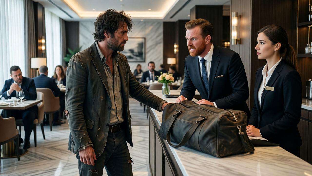 Una escena dramática en un restaurante lujoso y moderno con suelos de mármol e iluminación suave. Un hombre desaliñado con ropa rota se encuentra con confianza al lado de una bolsa de viaje desgastada en un mostrador. Un gerente furioso, con el rostro enrojecido, lo mira con furia, mientras una joven recepcionista compasiva observa con preocupación. En el fondo, los adinerados clientes del restaurante observan en silencio atónito. La composición es cinematográfica, con un enfoque en el contraste entre el protagonista desaliñado y el entorno opulento. El ambiente es tenso y anticipatorio.