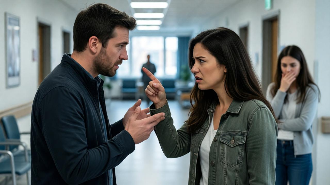 Una discusión tensa en un vestíbulo de hospital brillante y moderno. Un hombre está tratando de explicarse a una mujer enojada que lo señala acusadoramente. Su lenguaje corporal es defensivo y cerrado. En el fondo, la figura borrosa de la joven de la capilla observa desde la distancia, con la mano sobre la boca. Iluminación de alto contraste, un sentido de drama y ruptura. Estilo fotorrealista, capturando la emoción cruda del momento.