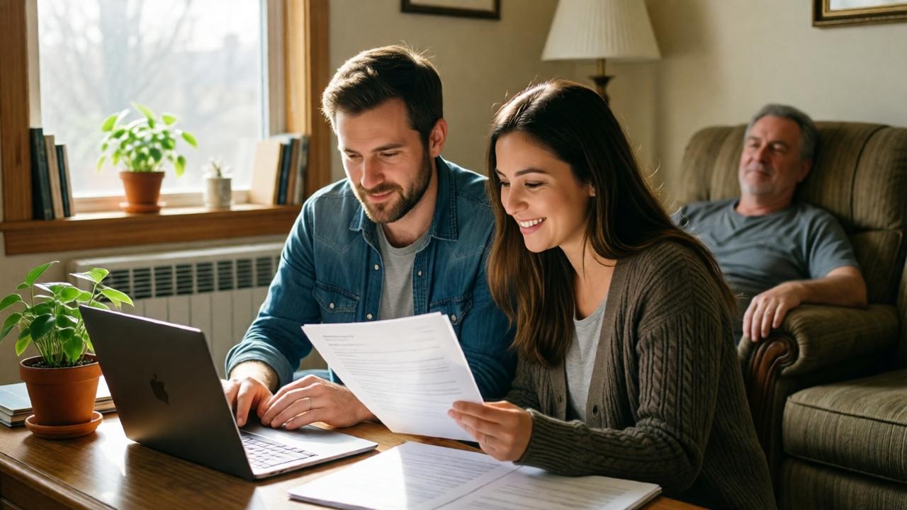 Una escena esperanzadora semanas después. El hombre y Maya están en una sala de estar acogedora y modesta, revisando solicitudes de empleo en una computadora portátil. La luz del sol entra por una ventana, iluminando papeles y una pequeña planta en maceta. El padre de Maya es visible en el fondo, descansando en un sillón reclinable, luciendo más saludable y en paz. El ambiente es cálido, colaborativo y lleno de determinación tranquila. Un sentido de un nuevo capítulo comenzando. Iluminación suave y natural, composición acogedora.