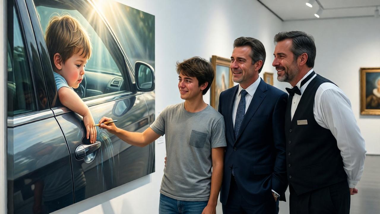 Una escena emocional en una elegante galería de arte blanca años después. Un joven artista adolescente se encuentra orgulloso entre su padre adoptivo, un exitoso hombre de negocios, y el antiguo chófer, ahora un amigo cercano de la familia. Están mirando una gran y hermosa pintura que representa la mano de un niño dibujando en la puerta de un coche, con una luz etérea brillando. El ambiente es triunfante y reflexivo. La iluminación de la galería es suave y dramática, enfocándose en el trío y la pintura simbólica. Los tres hombres tienen lágrimas de alegría en los ojos, encarnando un viaje completo de pérdida a familia encontrada.