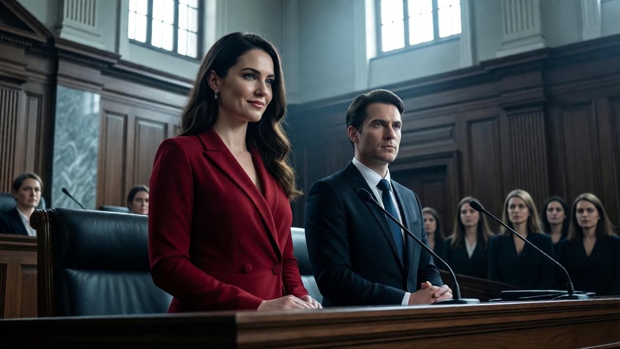 Vista dramática desde un ángulo bajo en una sala de tribunal austera. Una mujer joven y elegante, con un vestido de diseñador carmesí, de pie frente al estrado, con una expresión de superioridad y una sonrisa fría. A su lado, un abogado con gesto confiado. En el fondo, un grupo de mujeres observa con expectación. La luz entra por ventanas altas, creando fuertes contrastes de claroscuro. Estilo cinematográfico, tonos fríos de madera y mármol, enfoque nítido en la expresión de la mujer.
