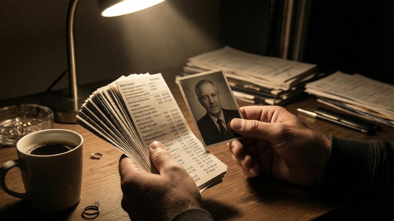 Primer plano íntimo y emotivo de las manos de un hombre sobre un escritorio desordenado por la noche. En una mano sostiene un montón de facturas de tarjeta de crédito con gastos exorbitantes, en la otra, una foto descolorida de su padre. Una lámpara de escritorio crea un único haz de luz cálida que ilumina las manos y los documentos, dejando el resto de la habitación en penumbra. Hay una taza de café frío y un anillo de bodas abandonado en un cenicero. Estilo de fotografía narrativa, colores sepia y sombras profundas, transmitiendo soledad y determinación.