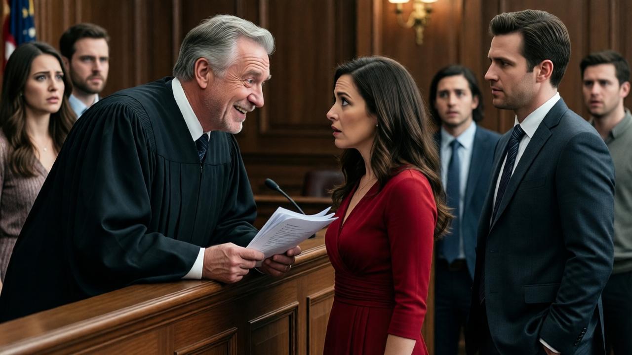 Momento culminante en el tribunal. Un juez de edad avanzada, con toga negra, se inclina hacia adelante en su estrado, sosteniendo unos documentos. Tiene una amplia y genuina sonrisa de incredulidad y regocijo, mirando fijamente a la mujer del vestido carmesí, cuya expresión ha pasado del triunfo a un shock absoluto. El protagonista, Paul, de pie y sereno, observa la escena con las manos en los bolsillos. Las amigas al fondo muestran caras de confusión y horror. Iluminación dramática que enfatiza las expresiones faciales, estilo visual de thriller legal, sensación de tensión que se resuelve.