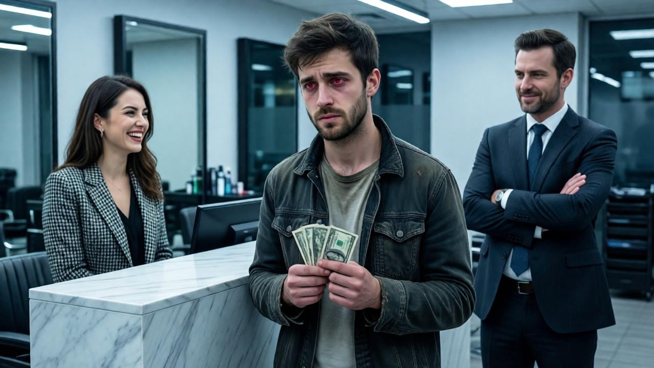 Escena dramática en el interior de una peluquería moderna. Un hombre joven con barba de varios días y ropa desgastada (Jayden) está de pie, tímido, frente a un mostrador de recepción de mármol blanco. Una recepcionista con ropa de moda y expresión burlona mira hacia otro lado, riéndose. El dueño de la tienda, un hombre con traje, se acerca con los brazos cruzados y una sonrisa fría. La luz es dura y fluorescente, creando sombras marcadas. Enfoque en los ojos cansados y rojos de Jayden, que sostiene tres billetes de un dólar arrugados en su mano temblorosa. Estilo cinematográfico, tonos fríos (azules, grises), sensación de rechazo y tensión social.