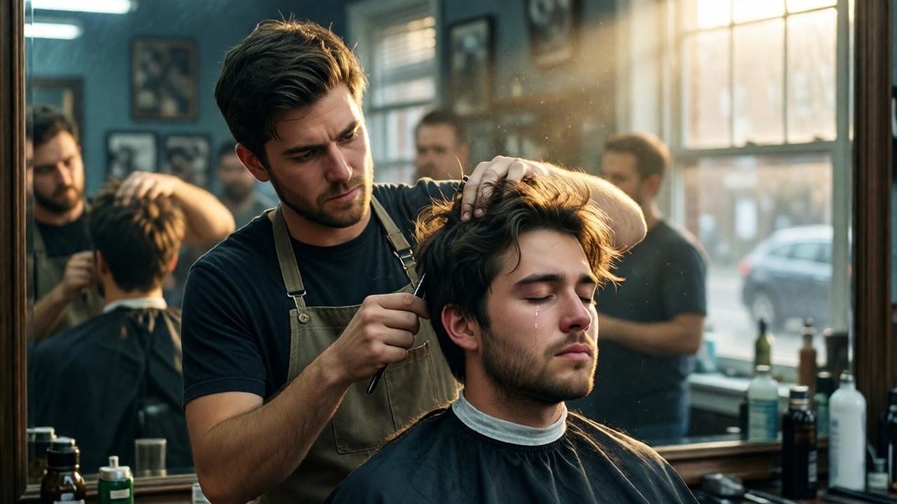 Momento íntimo y emotivo en la silla del peluquero. Noah, un joven peluquero con delantal sencillo y expresión determinada pero amable, está cortando con cuidado el pelo enmarañado de Jayden. Jayden tiene los ojos cerrados, una lágrima solitaria recorriendo su mejilla recién afeitada. Se refleja en el espejo grande frente a ellos, mostrando la transformación en curso. El resto de la peluquería está desenfocado, pero se intuyen las miradas de los demás. Un rayo de luz cálida del sol de la tarde entra por una ventana, iluminando el polvo en el aire y creando un halo alrededor de los dos hombres, en contraste con la luz fría del resto del local. Estilo realista con un toque pictórico, emocional y esperanzador.