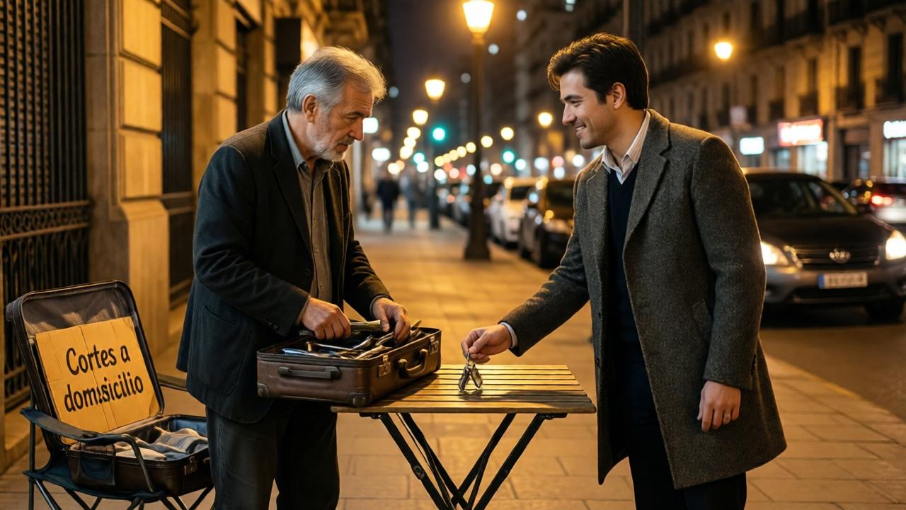 Escena nocturna poderosa y emotiva en una acera urbana. Noah, ahora mayor, con canas y ropa modesta pero limpia, está terminando de guardar sus herramientas en una maleta vieja junto a su silla plegable y el cartón de 'Cortes a domicilio'. Jayden, ahora vestido con un elegante abrigo, se acerca. Sus miradas se encuentran, Noah con expresión de incredulidad y reconocimiento lento, Jayden con una sonrisa serena y agradecida. Jayden extiende su mano, no para saludar, sino para colocar un llavero brillante sobre la mesa plegable. La luz de la farola los baña en un cono dorado, aislando este momento íntimo del bullicio urbano desenfocado del fondo. Estilo cinematográfico, tonos cálidos (ámbar, dorado), composición que enfatiza la conexión y el cierre del círculo.