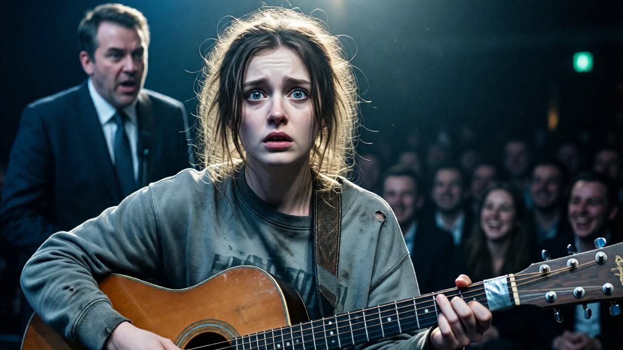 Primer plano dramático de Lena en el escenario. Una joven pálida, con el cabello castaño desordenado y ojos enormes llenos de pánico. Viste una sudadera gris descolorida y manchada. Abraza con fuerza una guitarra acústica vieja y maltratada, con el mástillo reforzado con cinta aislante plateada. Detrás, desenfocado, se ve la silueta burlona de un presentador con traje elegante y la masa oscura del público riendo. La luz es dura y cenital, creando sombras profundas en su rostro. Estilo cinematográfico, tonos fríos azulados que contrastan con el cálido punto de luz sobre la guitarra. Alto contraste, textura granulada.