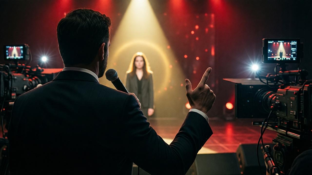 Vista desde atrás del presentador, enfocando a Lena en el centro del escenario. El presentador es una silueta oscura y poderosa con un traje a medida, micrófono en mano, bloqueando parcialmente la vista. Lena aparece pequeña y vulnerable, iluminada por un solo foco que la aísla. A su alrededor, la oscuridad del estudio está salpicada por las luces rojas de las cámaras y los puntos brillantes de las pantallas. En primer plano, el brazo extendido del presentador señala hacia ella con un dedo acusador. Ambiente de tensión máxima, composición asimétrica, paleta de colores oscuros con toques siniestros de rojo y el halo dorado alrededor de Lena.