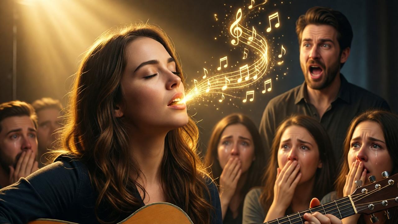 Momento de transformación en el estudio. Lena con los ojos cerrados, la cabeza ligeramente inclinada hacia la guitarra. De su boca semiabierta, se visualiza de forma abstracta y mágica una cascada de luz dorada y notas musicales etéreas que fluyen hacia el público. El presentador está en un segundo plano, su expresión de burla convertida en absoluta perplejidad, la boca entreabierta. Miembros del público en primer plano muestran rostros conmocionados, con lágrimas en los ojos o las manos en la boca. La luz cambia: un cálido haz dorado baña ahora a Lena, disipando las sombras anteriores. Estilo realismo mágico, tonos cálidos y dorados dominando la escena, sensación de redención y poder emocional.