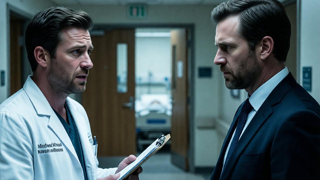 Un primer plano dramático en un pasillo de hospital iluminado con luz fría. A la izquierda, el doctor Michael Krause, de bata blanca, con expresión de incredulidad y dolor, sus manos sosteniendo una carpeta clínica. A la derecha, el padre de Jonas, el señor Becker, de perfil, impecablemente vestido con un traje oscuro, su rostro es una máscara de desdén y frialdad absoluta. La composición usa el encuadre para crear tensión, con la puerta semiabierta de la habitación de Jonas al fondo, fuera de foco. El estilo es cinematográfico, con alto contraste y colores desaturados, enfatizando la división moral entre los personajes.