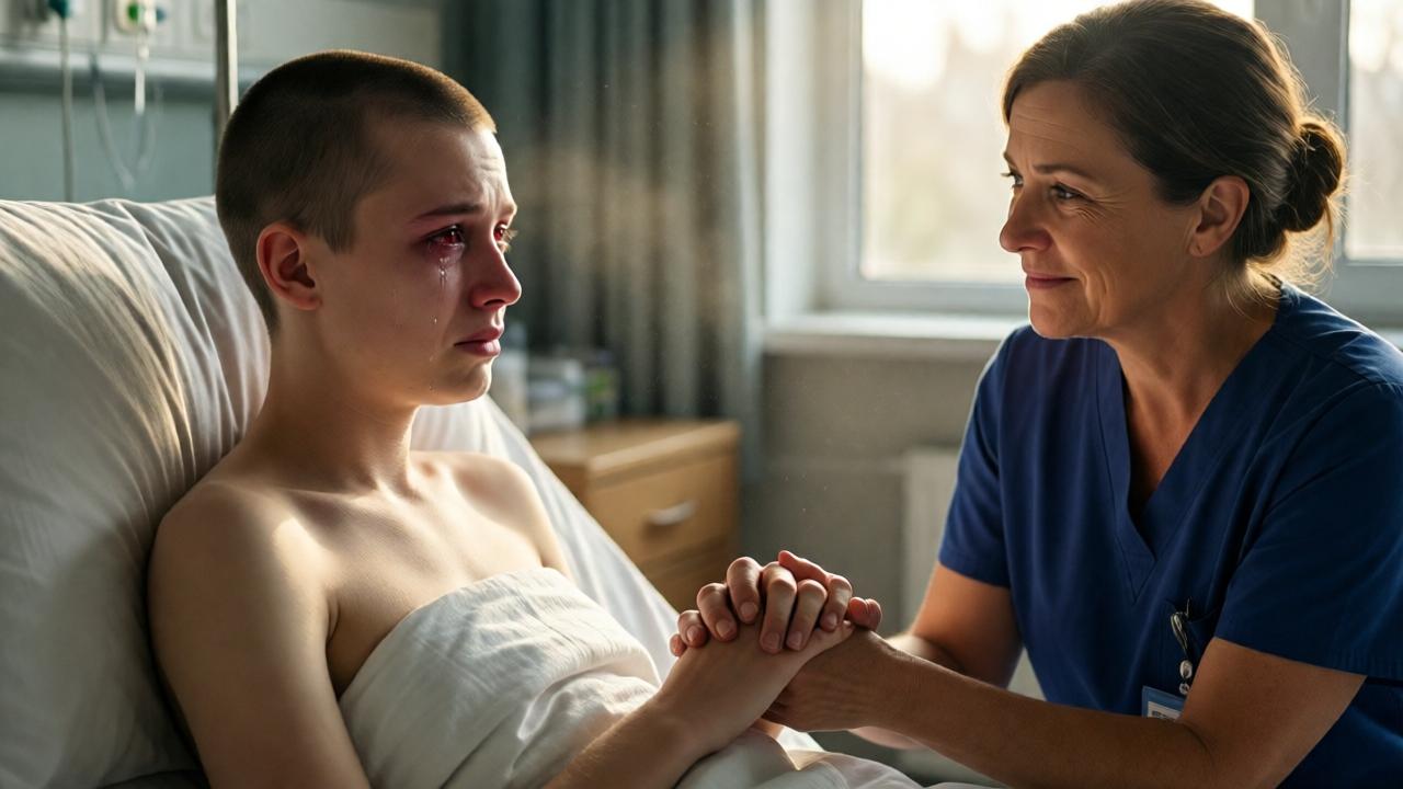Una escena íntima y desgarradora en una habitación de hospital. Jonas, un adolescente extremadamente pálido y delgado, con la cabeza afeitada por la quimioterapia, está sentado en la cama, cubierto hasta la cintura con una sábana blanca. Su rostro está bañado en lágrimas silenciosas, los ojos rojos y llenos de un terror absoluto. Una enfermera de mediana edad, de rostro bondadoso y expresión compasiva, le sostiene la mano con ambas suyas, en un gesto de consuelo firme y cálido. La luz de la tarde entra suavemente por la ventana, iluminando el polvo en el aire y creando un ambiente de tristeza profunda pero también de un tenue rayo de esperanza humana. El estilo es realista y emotivo, con un enfoque suave en los rostros.