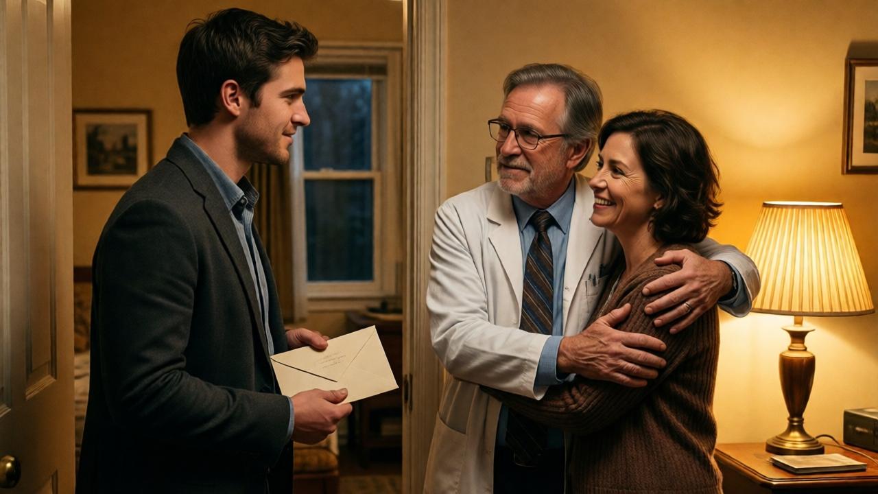 Una escena poderosa y emotiva, diez años después. Jonas, ahora un hombre joven y saludable de 25 años, con ropa casual elegante, está de pie en el umbral de un pequeño y modesto apartamento. Frente a él, el doctor Michael Krause, ahora con el cabello entrecano y gafas de lectura, y su esposa Lisa, con arrugas de sonrisa bondadosa, lo reciben con los brazos abiertos y expresiones de amor incondicional. La escena está iluminada por la cálida luz de una lámpara de mesa, creando un ambiente íntimo y familiar. En la mano de Jonas hay un sobre cerrado, simbólico. La composición transmite el círculo completo: el niño salvado ahora regresa como el hombre que honra su deuda. El estilo es cálido, con tonos dorados y un enfoque en la conexión emocional entre los tres personajes.