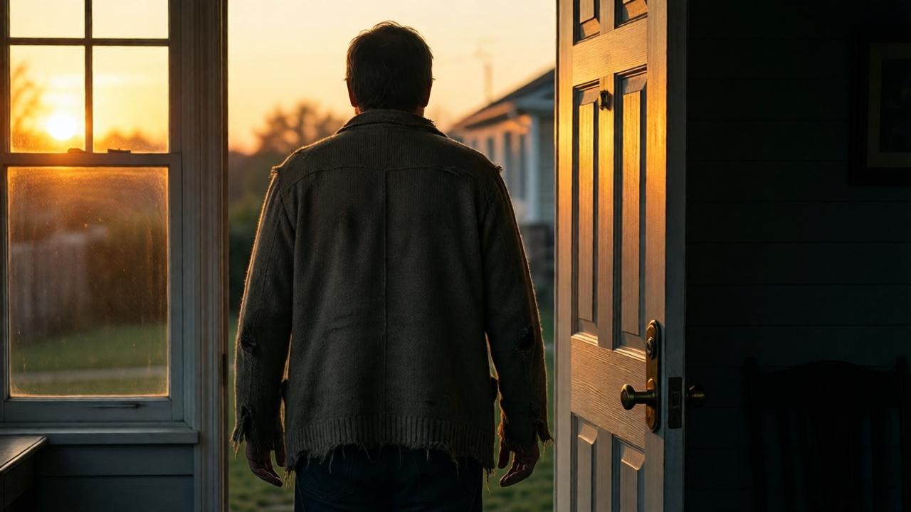 Un hombre con ropa vieja y raída, de espaldas, frente a la puerta de una casa familiar iluminada por la cálida luz del atardecer. La escena es dramática y cinematográfica, con un estilo realista y un colorido contrastado entre la oscuridad de sus ropas y la luz dorada que sale de la ventana. Su postura es tensa, expectante. El ambiente transmite soledad y suspense. Composición en plano medio, con profundidad de campo.